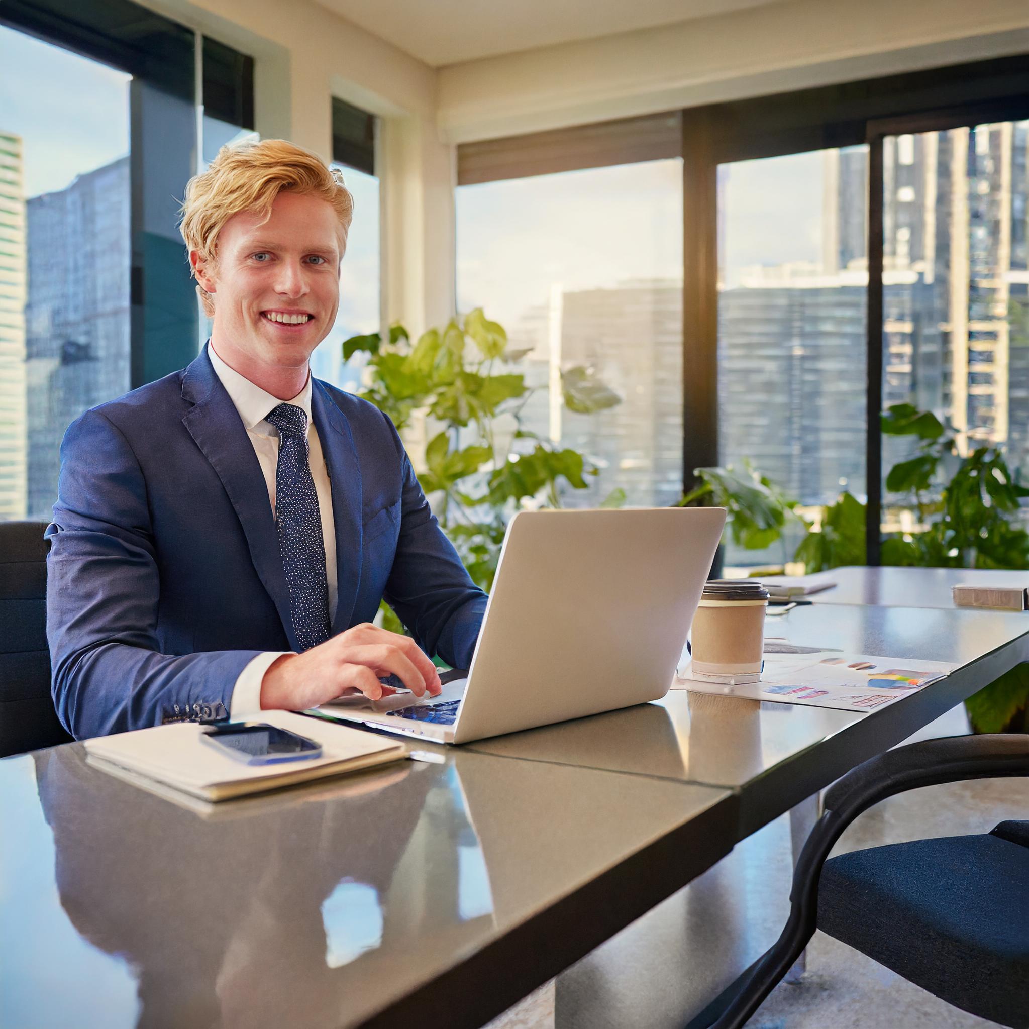 Elegantes Büro in Frankfurt mit Steuerunterlagen und Laptop auf dem Schreibtisch