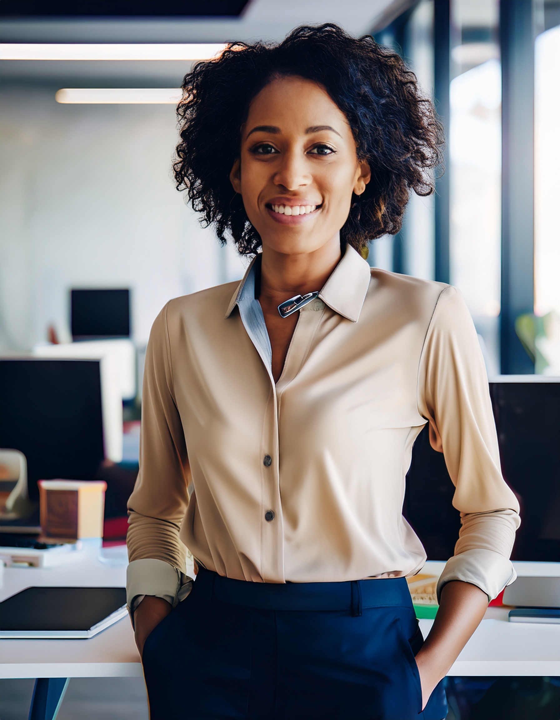 Confident woman in business attire in office environment